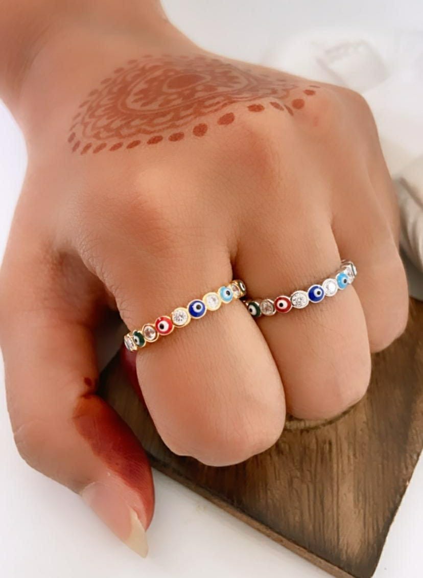 Adjustable Multicolour Minimalist Slim Stacking Evil Eye Band Ring featuring sparkling stones and a durable metal alloy in silver and gold options.