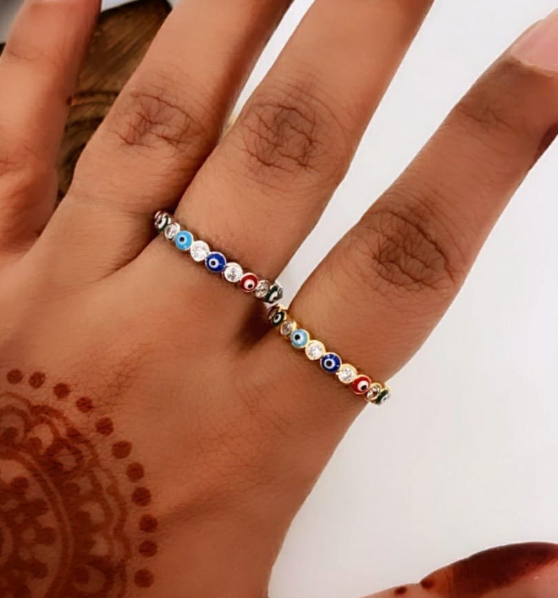 Adjustable Multicolour Minimalist Slim Stacking Evil Eye Band Ring featuring sparkling stones and a durable metal alloy in silver and gold options.