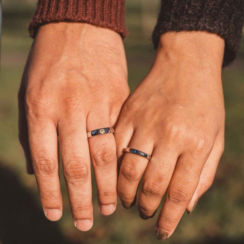 Adjustable Silver Couple Moon and Sun Matching Promise Ring set showcasing intricate design and luxurious silver plating.