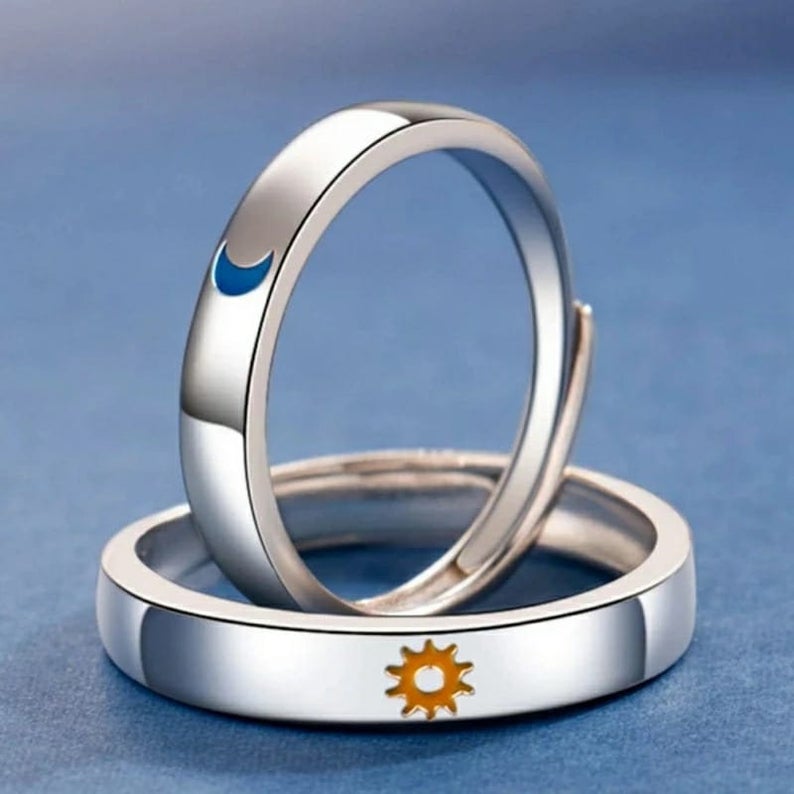 Adjustable Silver Couple Moon and Sun Matching Promise Ring set showcasing intricate design and luxurious silver plating.