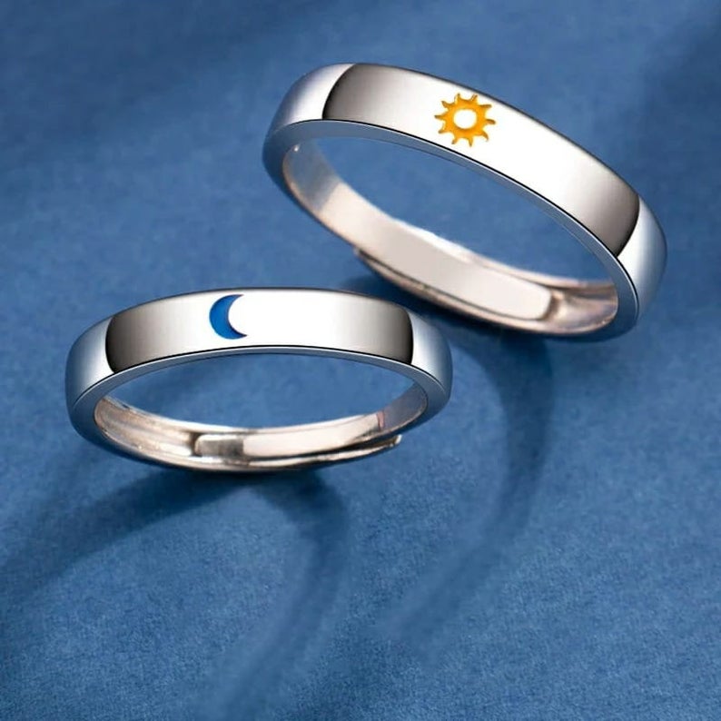 Adjustable Silver Couple Moon and Sun Matching Promise Ring set showcasing intricate design and luxurious silver plating.