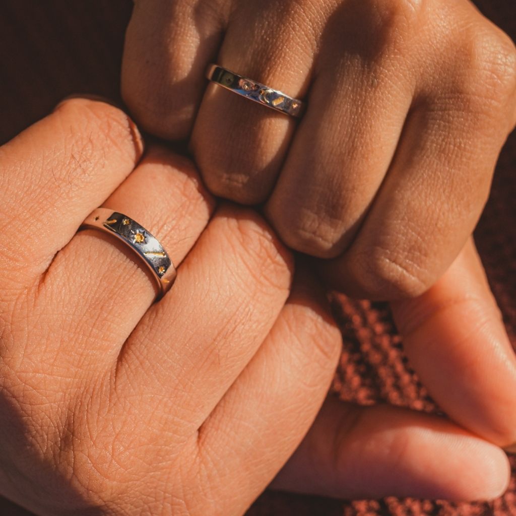 Adjustable Silver Couple Sun Star Promise Ring Set featuring a unique sun and star design, perfect for couples.