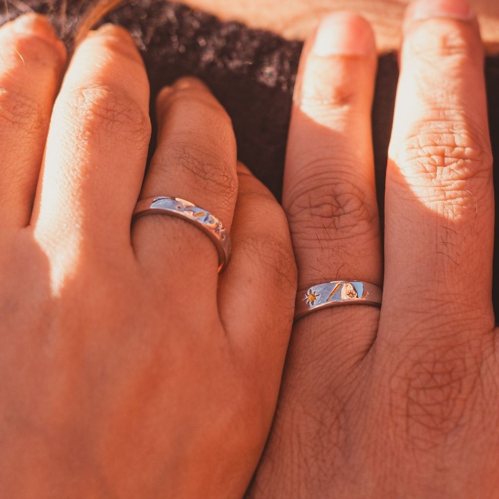 Adjustable Silver Couple Sun Star Promise Ring Set featuring a unique sun and star design, perfect for couples.