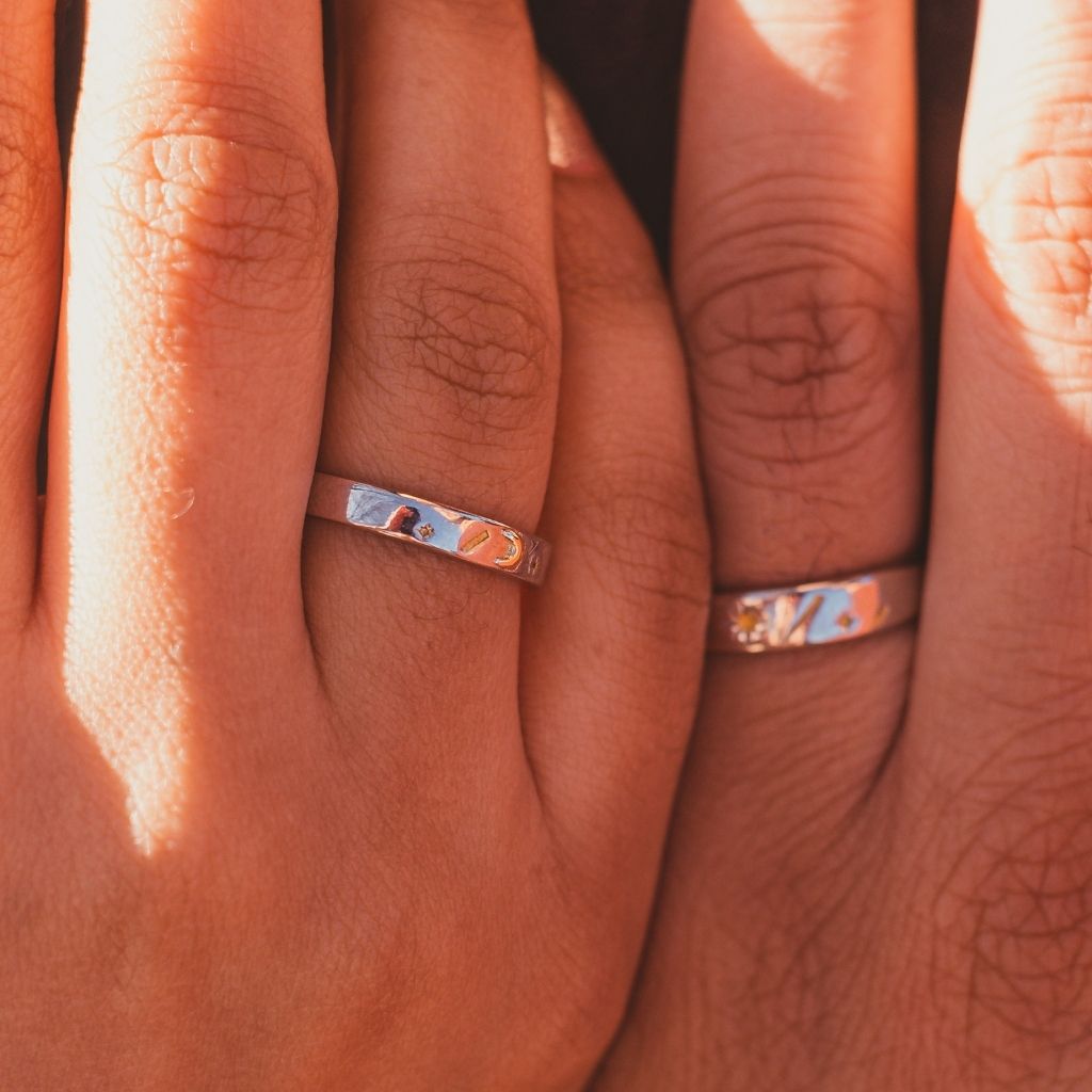 Adjustable Silver Couple Sun Star Promise Ring Set featuring a unique sun and star design, perfect for couples.