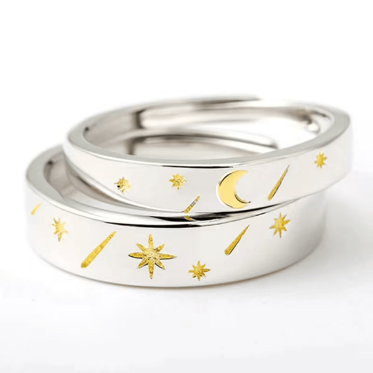 Adjustable Silver Couple Sun Star Promise Ring Set featuring a unique sun and star design, perfect for couples.