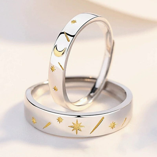 Adjustable Silver Couple Sun Star Promise Ring Set featuring a unique sun and star design, perfect for couples.