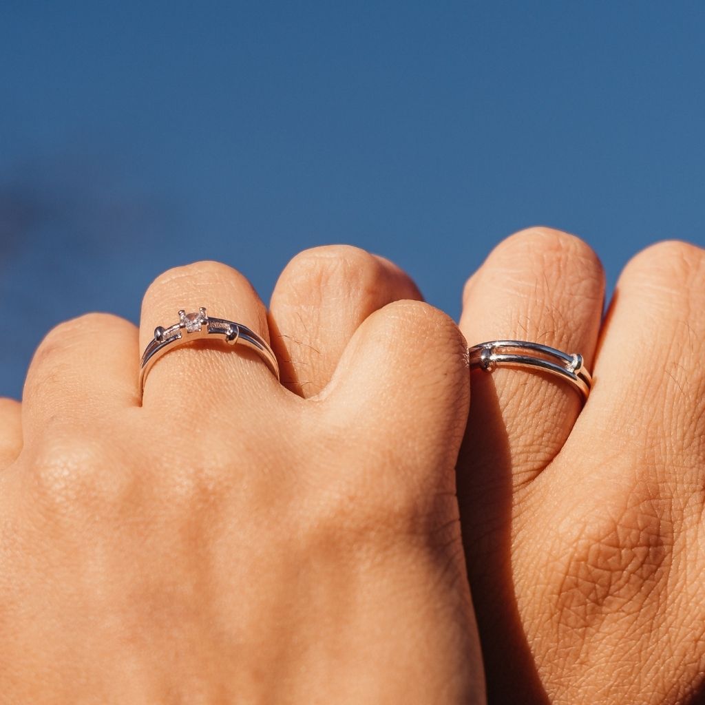 Adjustable Silver his and hers Zircon Promise Ring set featuring a sparkling Zircon stone and elegant silver plating, symbolizing love and commitment.