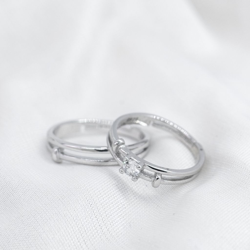 Adjustable Silver his and hers Zircon Promise Ring set featuring a sparkling Zircon stone and elegant silver plating, symbolizing love and commitment.