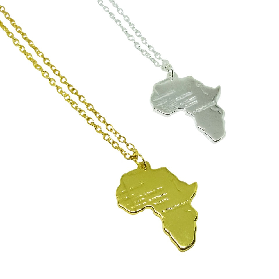 A stylish Africa Map Steel Necklace featuring a gold or silver plated pendant on a 50cm chain, perfect for unisex wear.