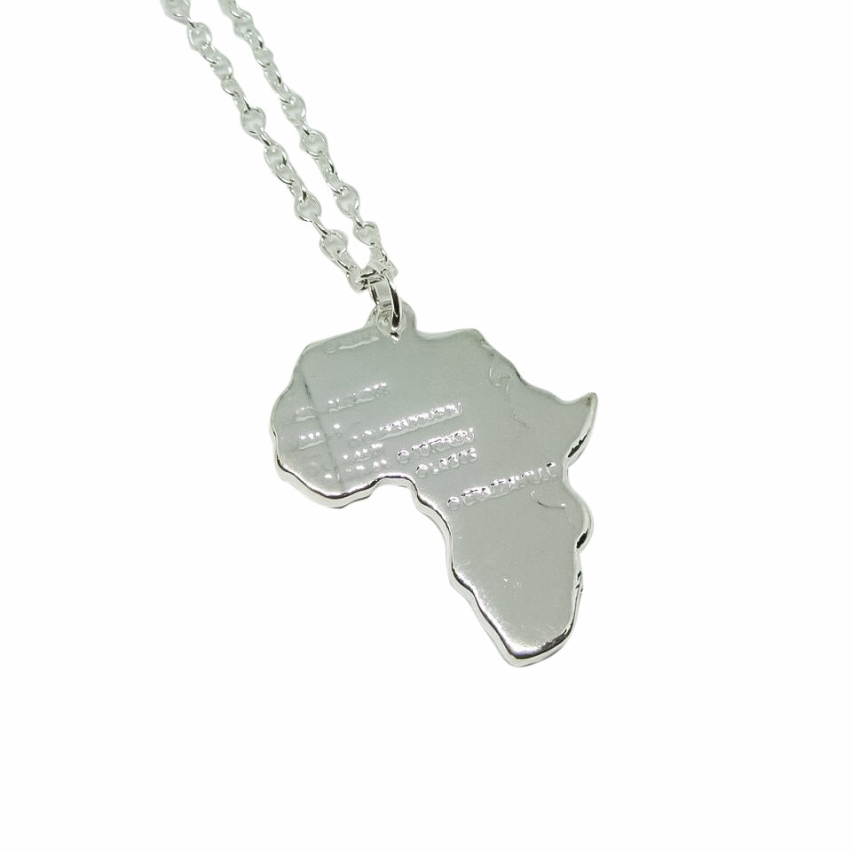 A stylish Africa Map Steel Necklace featuring a gold or silver plated pendant on a 50cm chain, perfect for unisex wear.