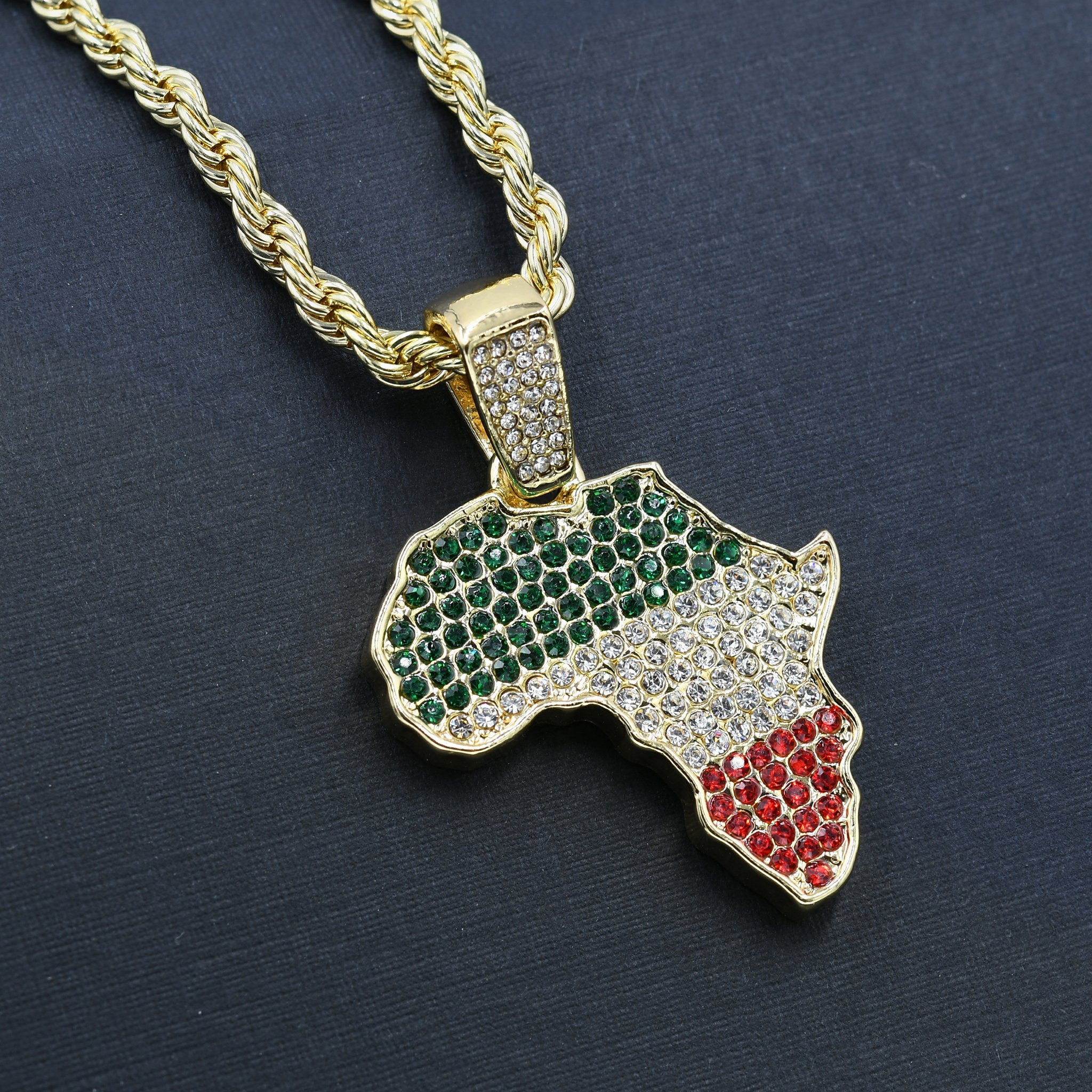 AFRICA Necklace Hip Hop featuring a crystal-studded pendant on a 24'' rope chain, showcasing intricate design and bold style.