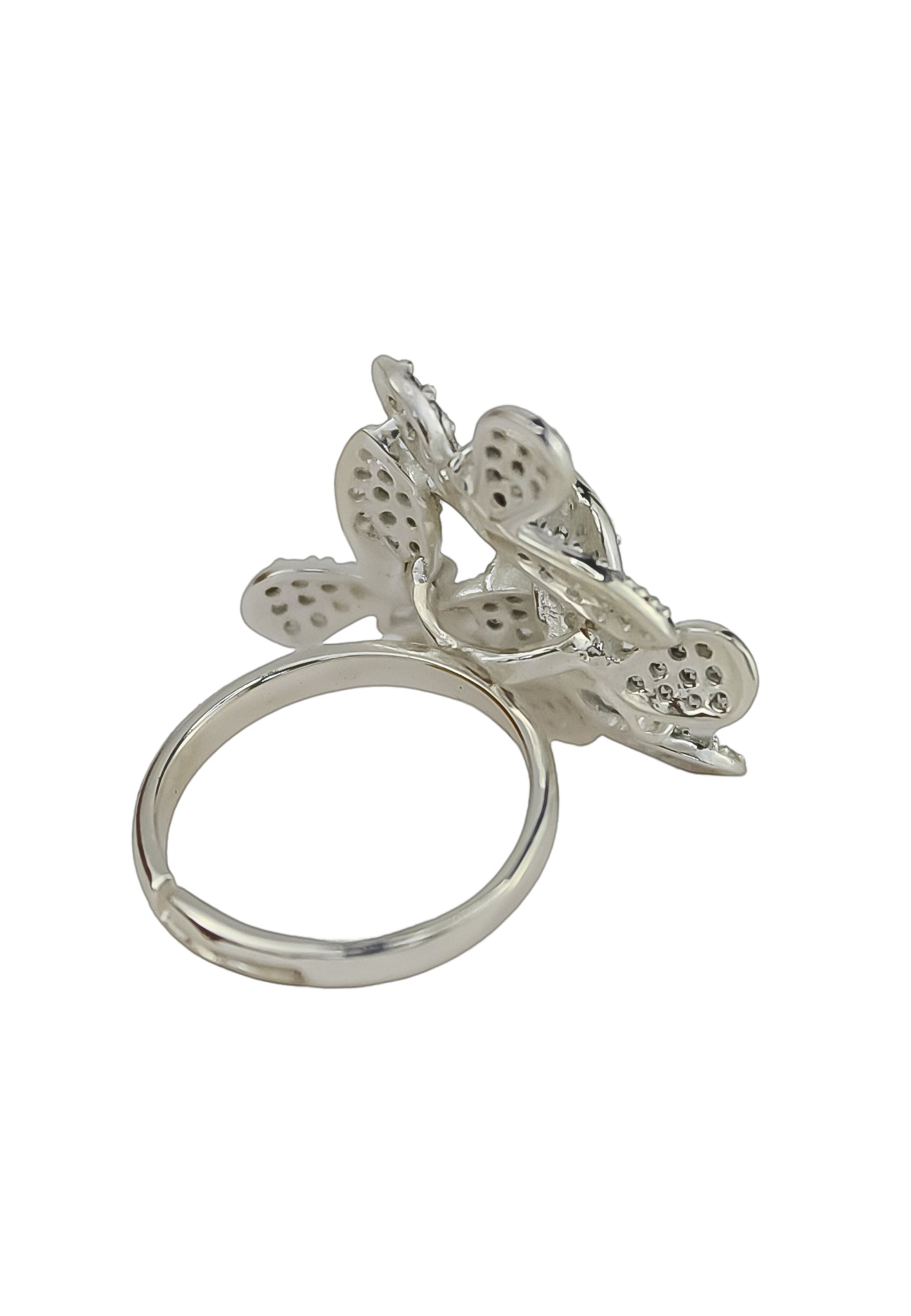 Elegant African Butterfly Ring in 18K gold or silver plating, adorned with sparkling zirconia stones, showcasing a butterfly-inspired design.