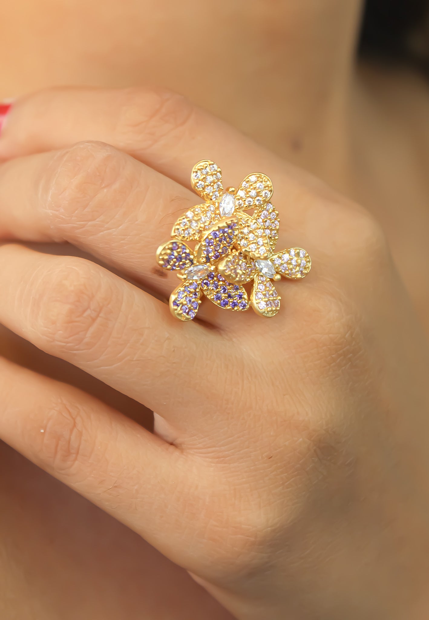 Elegant African Butterfly Ring in 18K gold or silver plating, adorned with sparkling zirconia stones, showcasing a butterfly-inspired design.