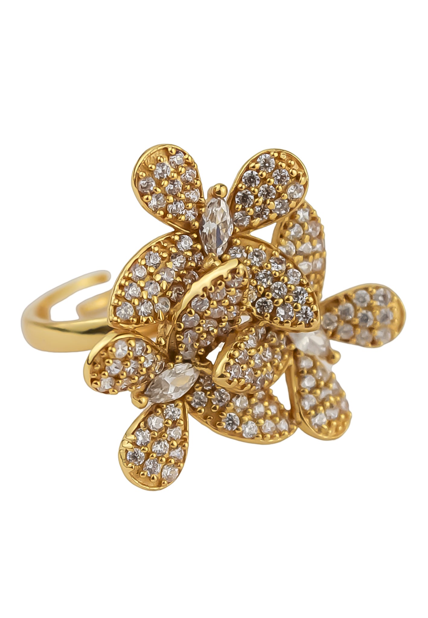 Elegant African Butterfly Ring in 18K gold or silver plating, adorned with sparkling zirconia stones, showcasing a butterfly-inspired design.