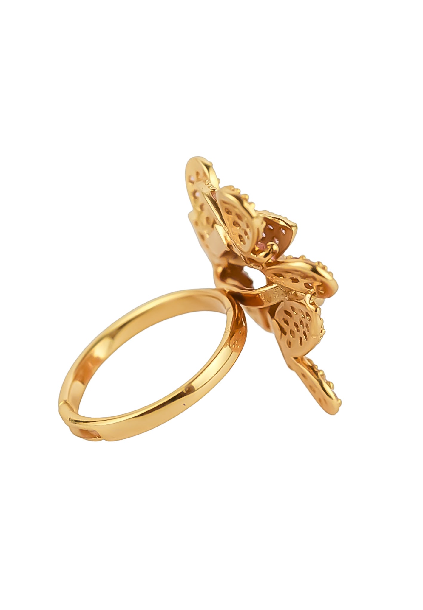 Elegant African Butterfly Ring in 18K gold or silver plating, adorned with sparkling zirconia stones, showcasing a butterfly-inspired design.