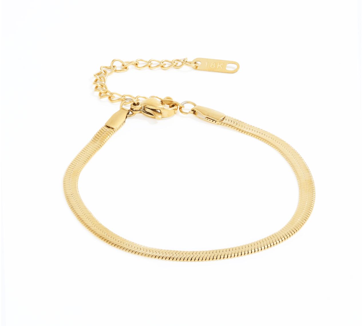 Agapi 4mm Snake Chain Bracelet in rich gold, showcasing its dainty design and adjustable length.