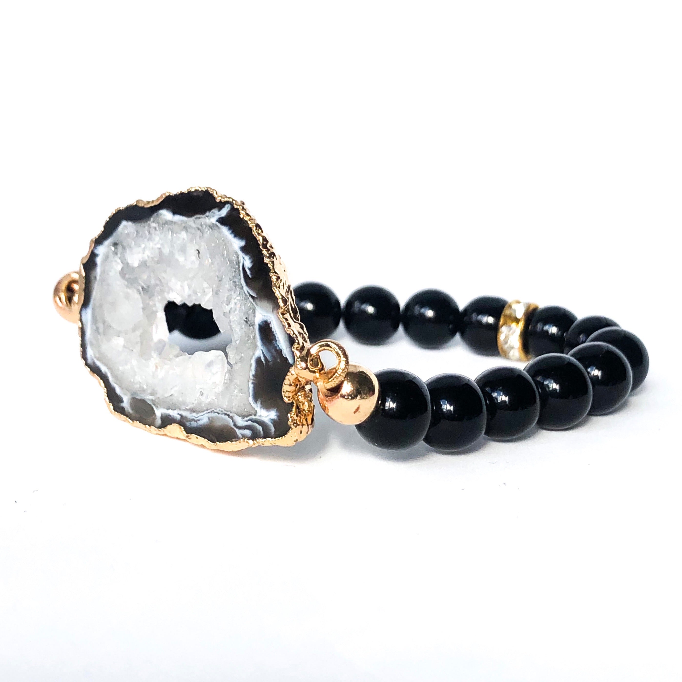 Agate Geode Beaded Bracelet featuring unique agate slices, black onyx, smoky quartz beads, and rhinestone spacers.