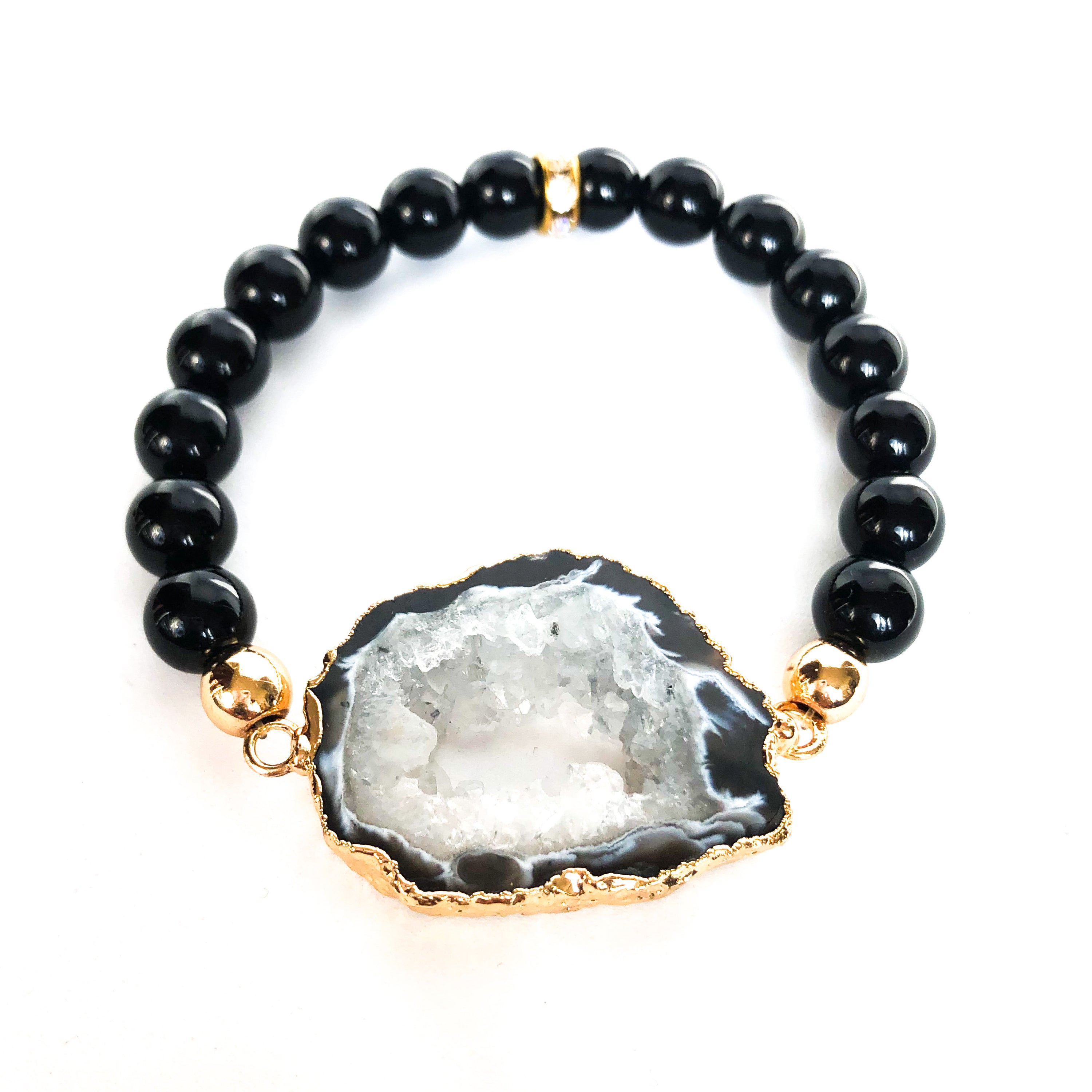 Agate Geode Beaded Bracelet featuring unique agate slices, black onyx, smoky quartz beads, and rhinestone spacers.