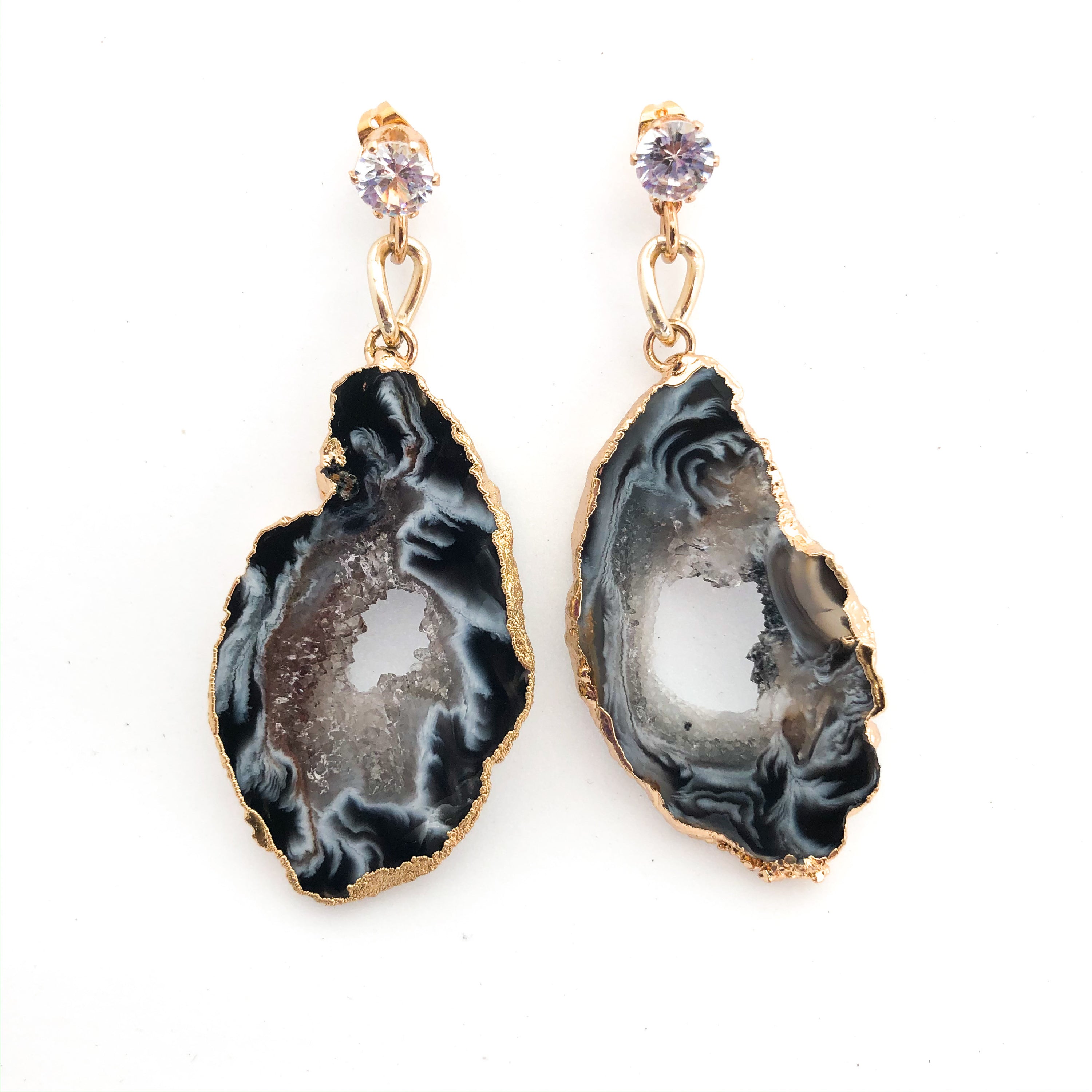 A pair of handmade Agate Slice Cocktail Earrings showcasing unique colors and patterns, perfect for statement jewelry.