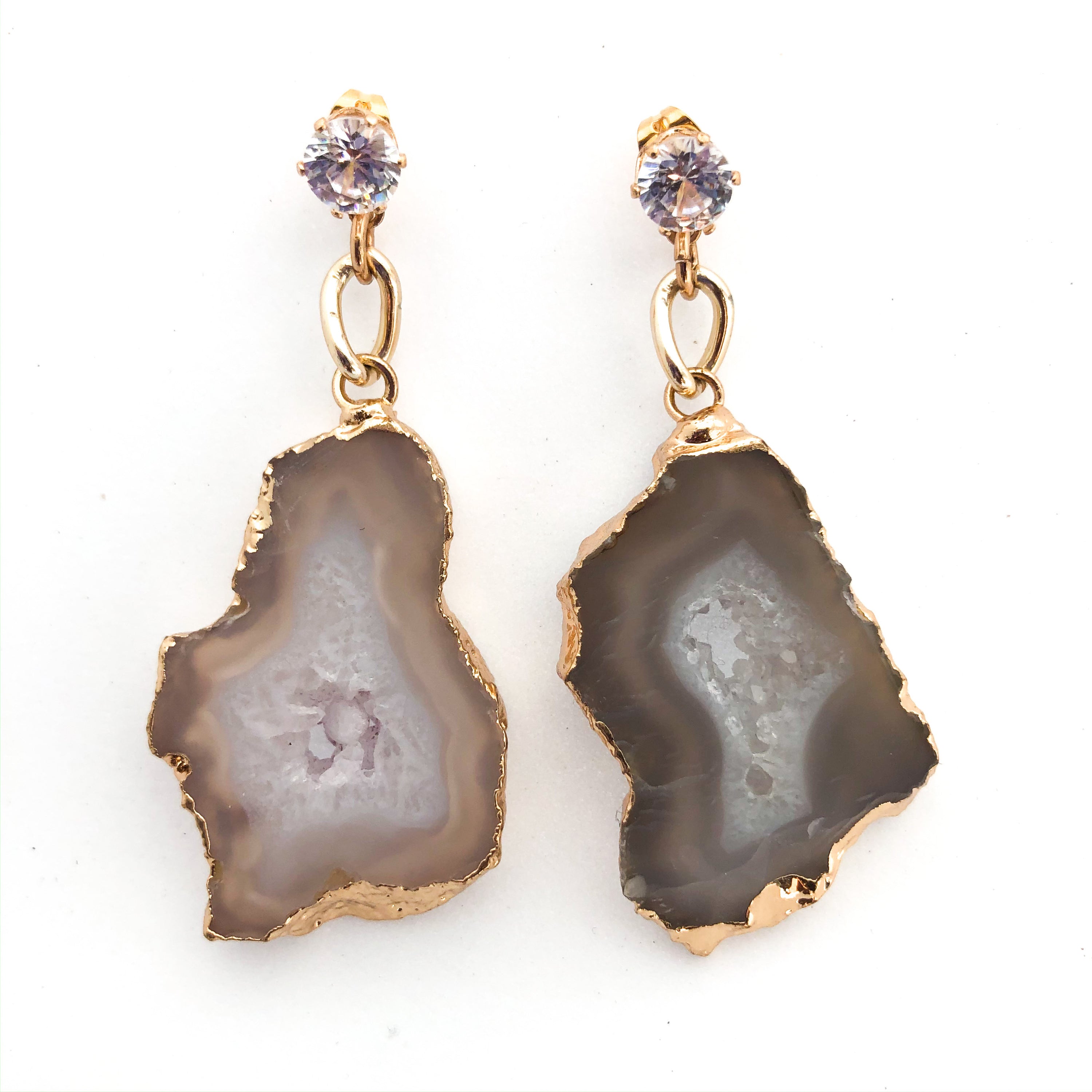 A pair of handmade Agate Slice Cocktail Earrings showcasing unique colors and patterns, perfect for statement jewelry.