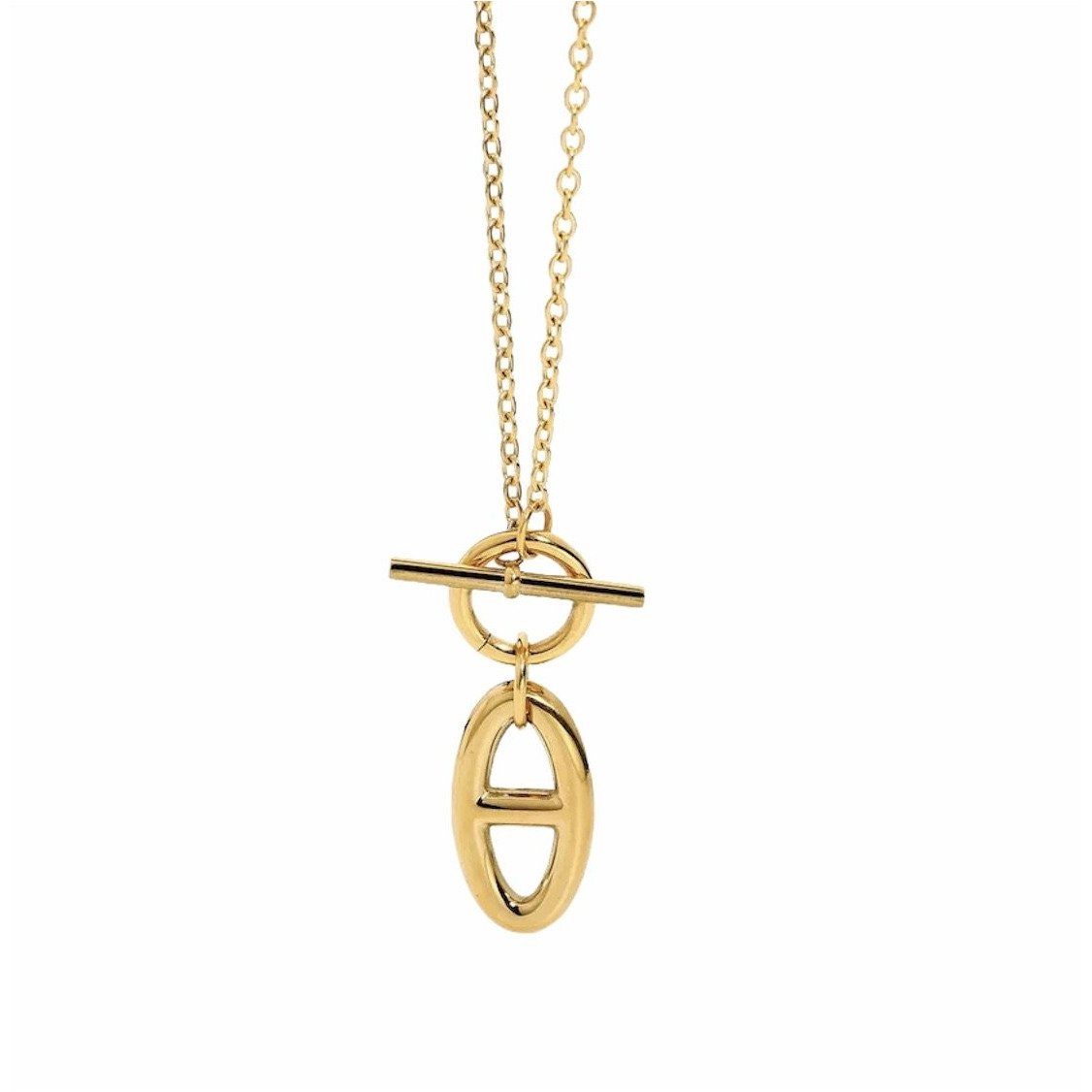 Agatha Toggle necklace featuring 18k gold plated stainless steel with a stylish toggle closure, perfect for any occasion.