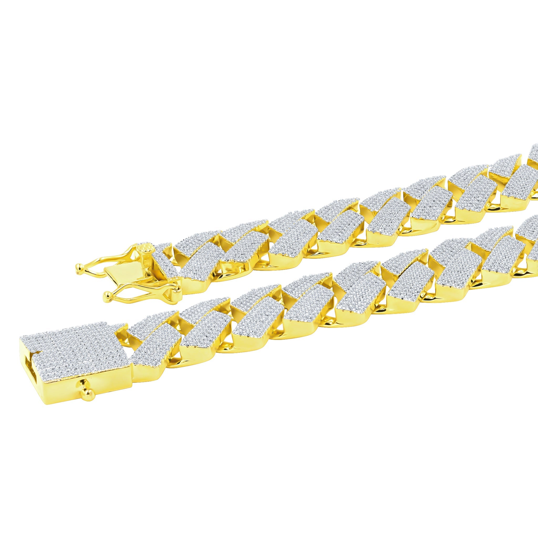 AGLOW 18MM Brass Iced Out Chain featuring cubic zirconia stones, showcasing its elegant design and craftsmanship.