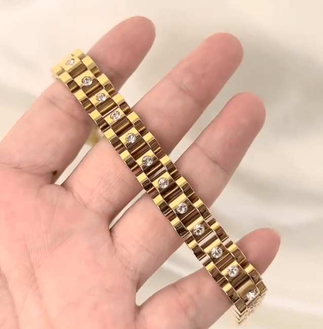 Ahern Statement Chain Bracelet Gold featuring a chunky Panther watch chain design, showcasing its thick 18K gold plating and durable stainless steel material.