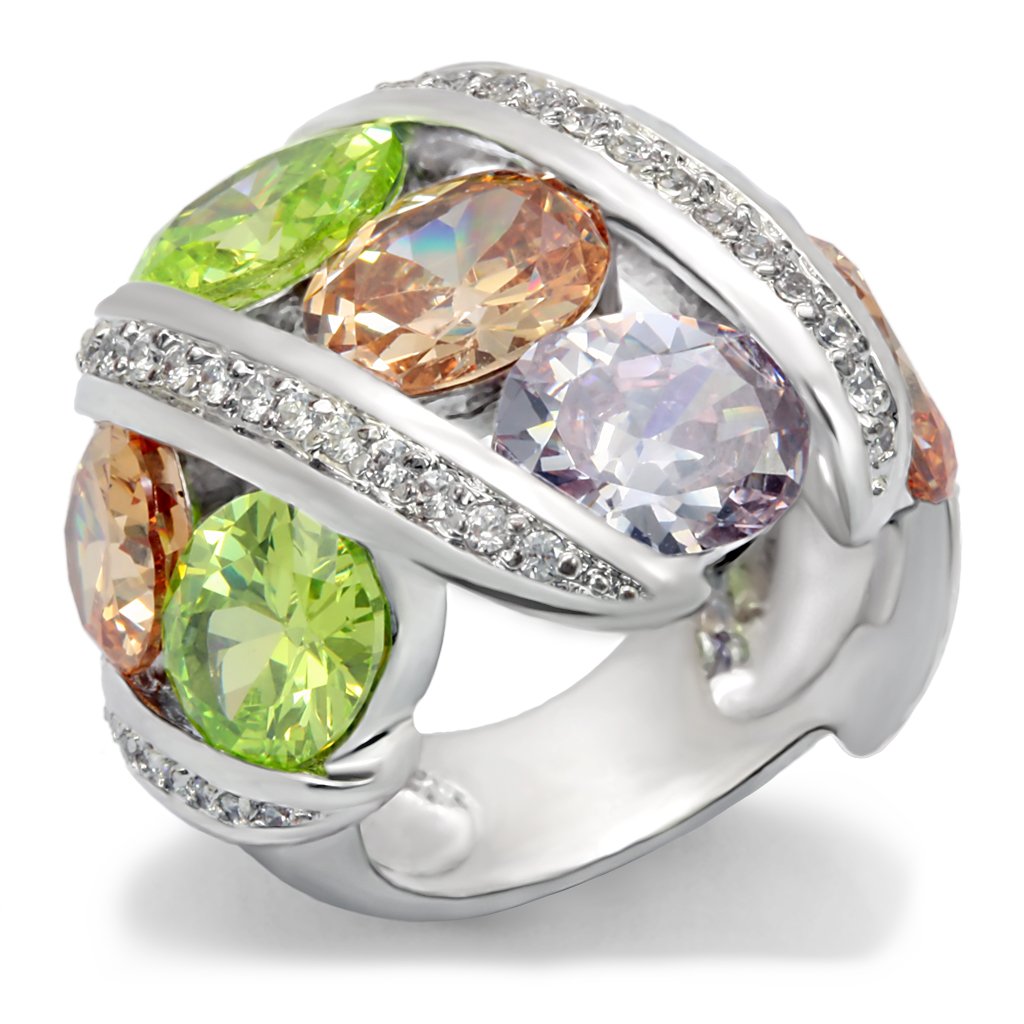 Alaina Cocktail Ring featuring a multi-color AAA CZ stone set in rhodium brass, showcasing elegance and style.