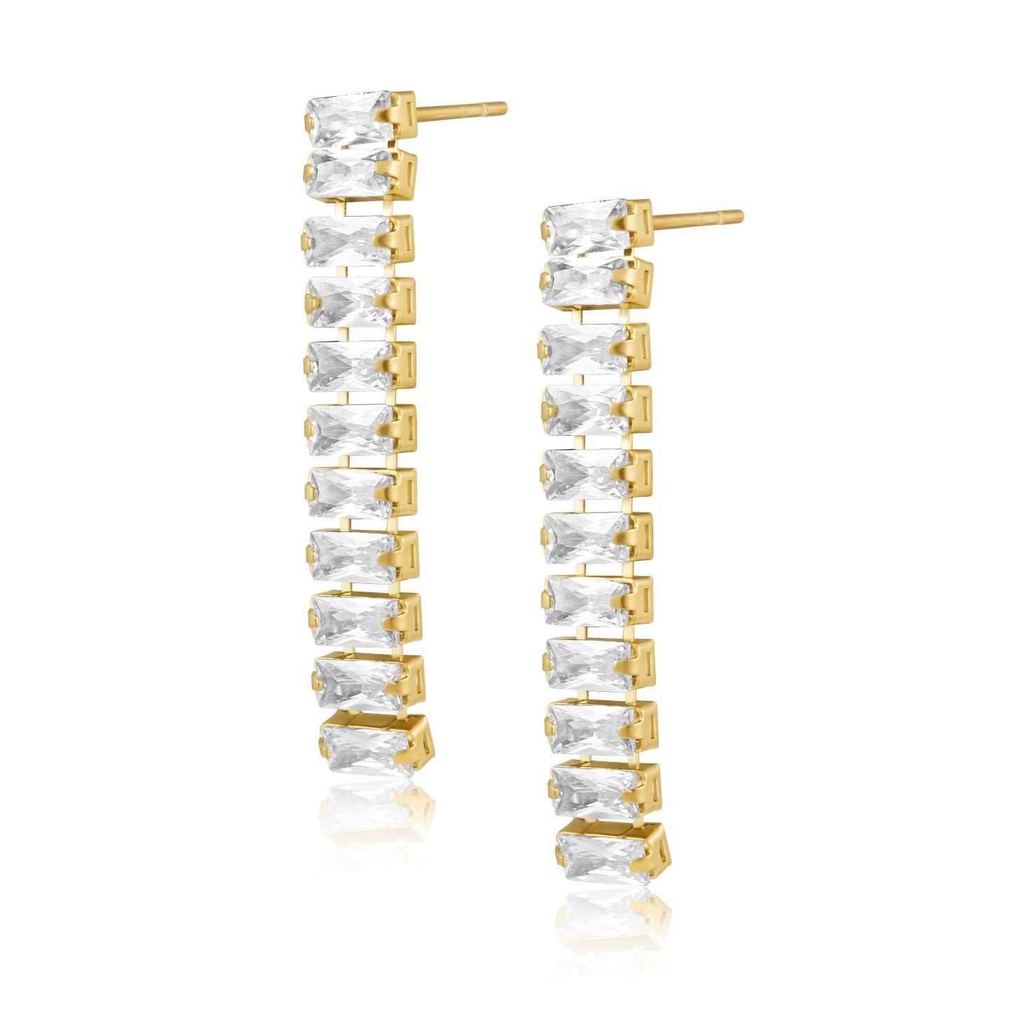 Alessia CZ Drop Earring featuring cubic zirconia stones and 18k gold plating, elegantly designed for evening wear.