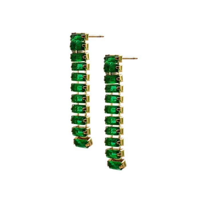 Alessia Emerald CZ Drop Earring featuring cubic zirconia stones and 18k gold plating, elegantly designed for evening wear.