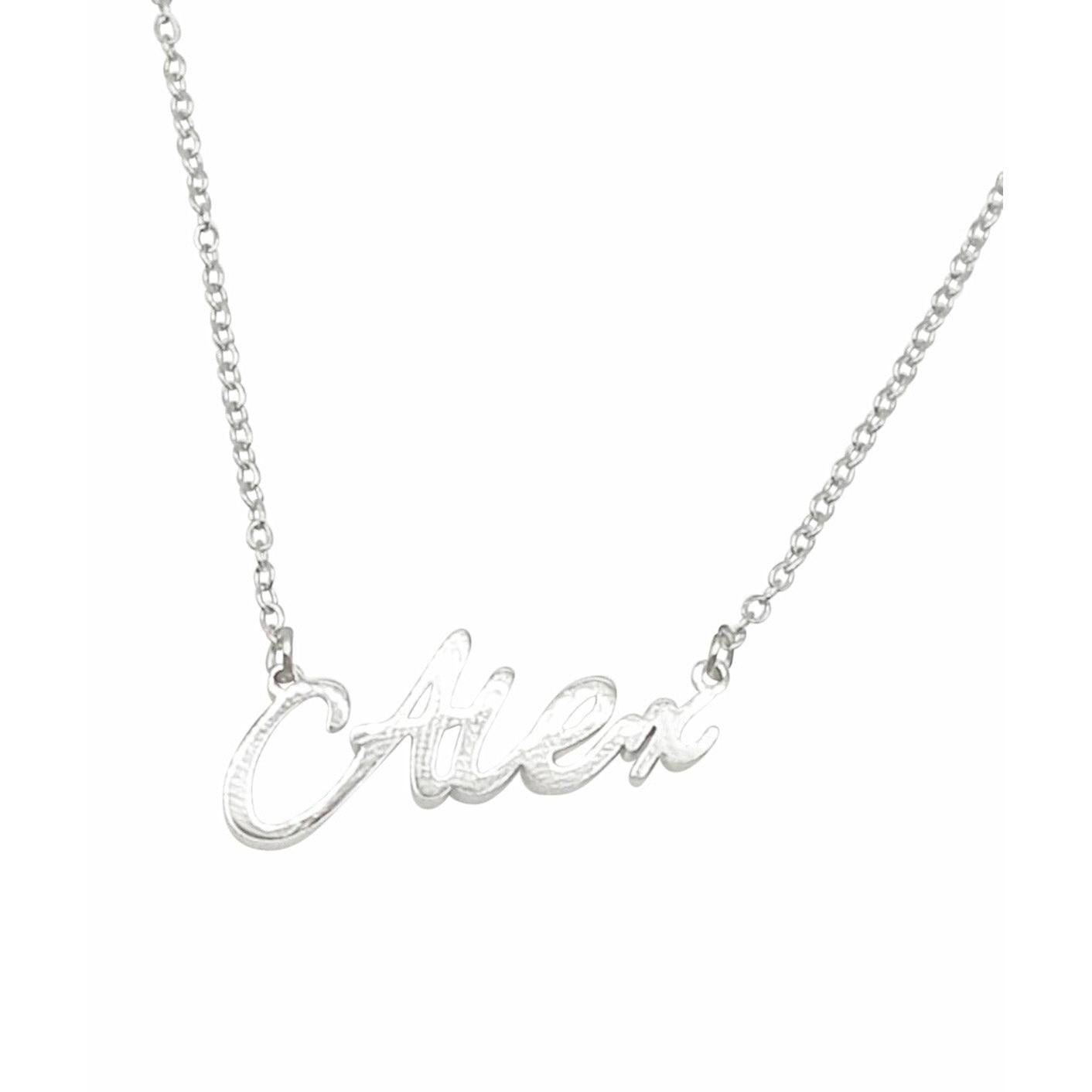 Alex Name Necklace made of stainless steel with gold plating, featuring a personalized name design and adjustable chain.