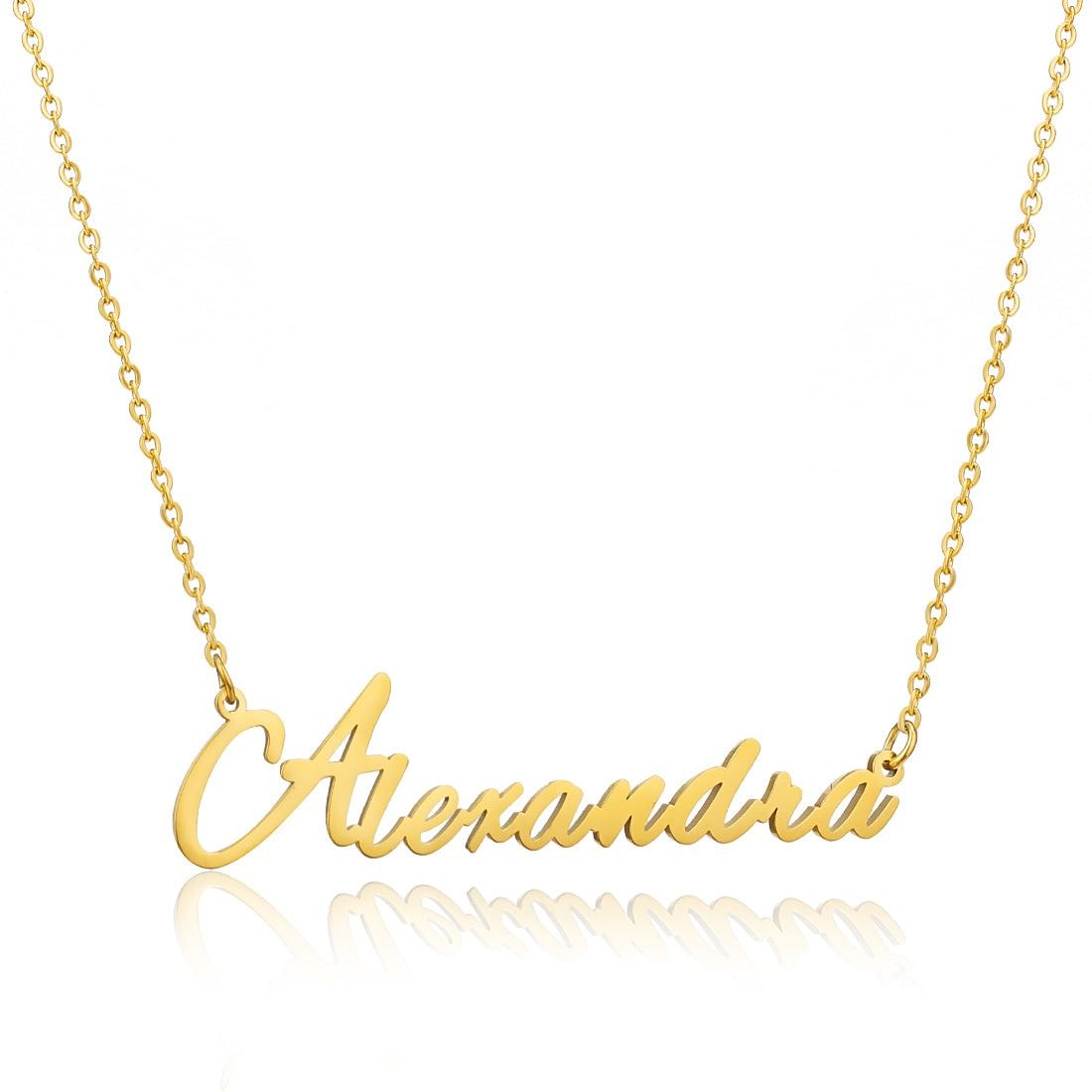 Alexandra Name Necklace made of stainless steel with gold plating, featuring an adjustable chain.