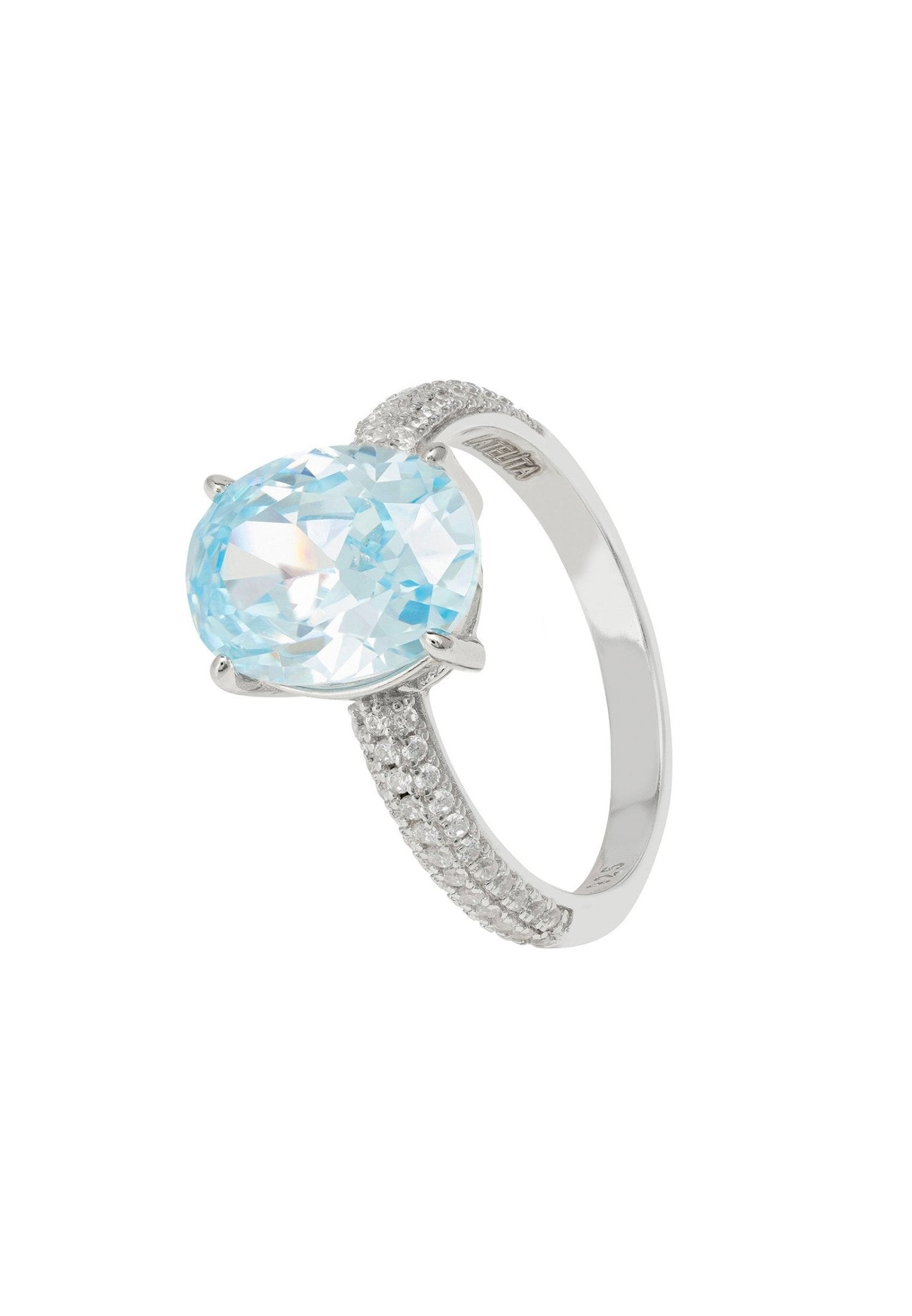 Alexandra Oval Cocktail Ring featuring a blue topaz gemstone set in 925 sterling silver with simulated diamonds.