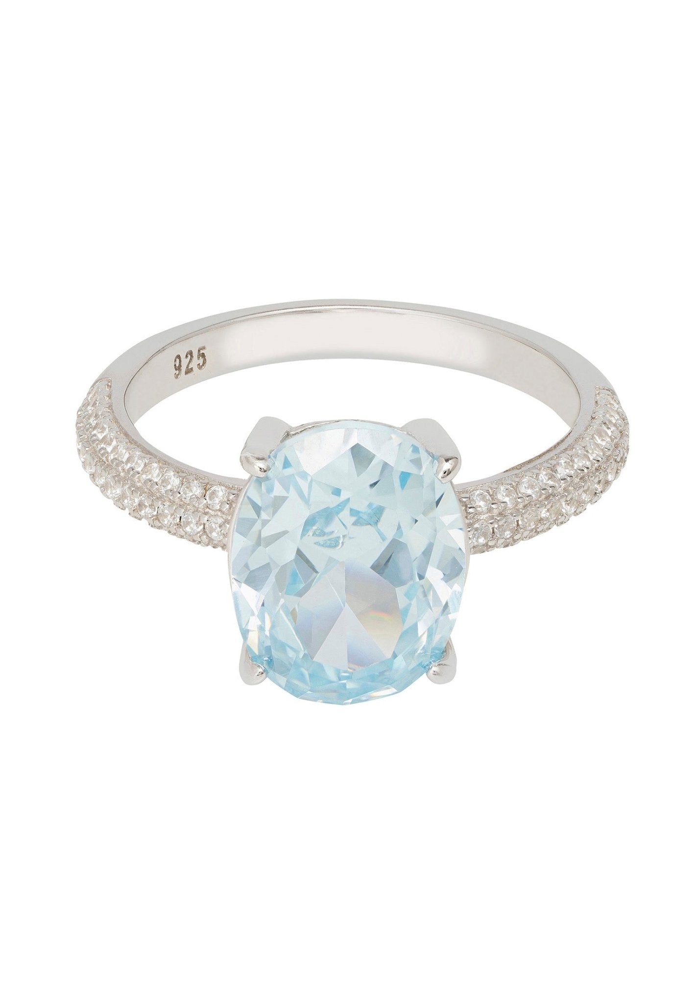 Alexandra Oval Cocktail Ring featuring a blue topaz gemstone set in 925 sterling silver with simulated diamonds.