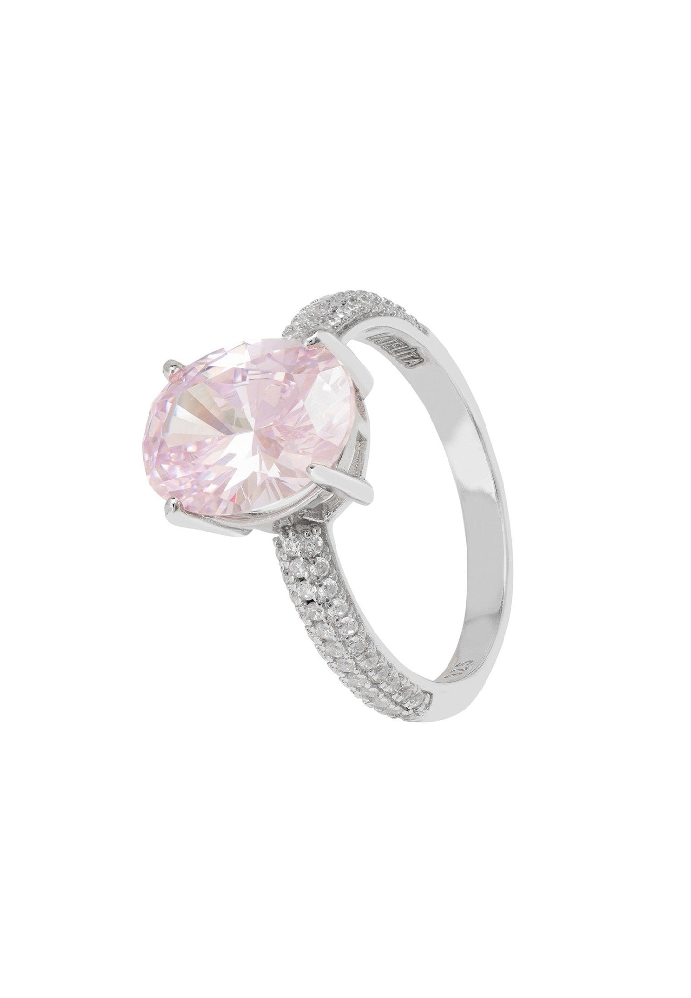 Alexandra Oval Cocktail Ring featuring a lab-created Morganite gemstone set in 925 sterling silver with simulated diamonds.