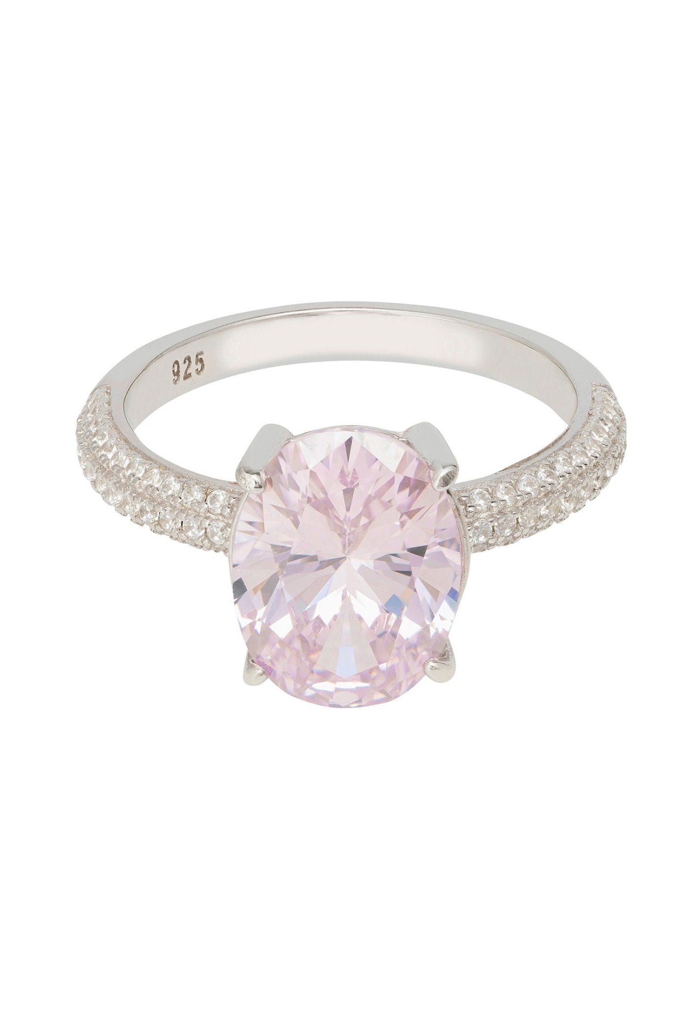 Alexandra Oval Cocktail Ring featuring a lab-created Morganite gemstone set in 925 sterling silver with simulated diamonds.