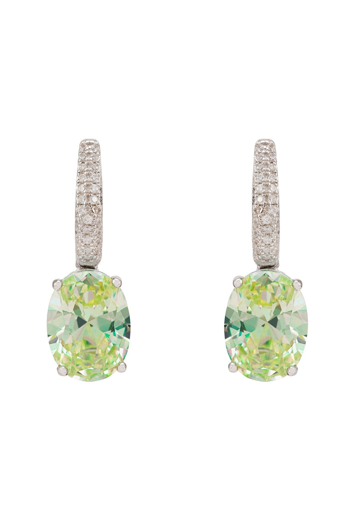 Alexandra Oval Drop Earrings in Silver featuring lab-created Peridot and simulated diamonds, showcasing elegant design and craftsmanship.