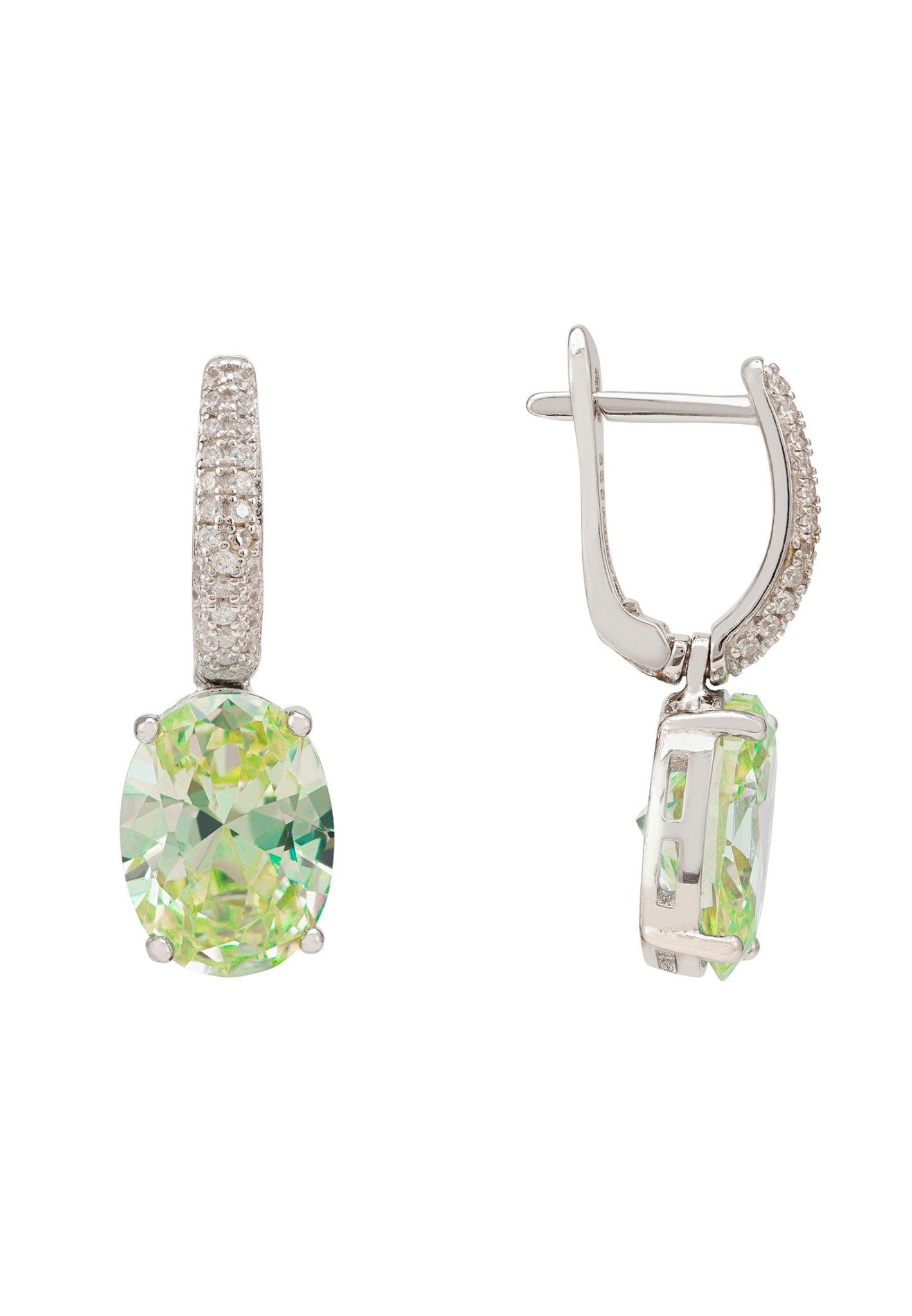 Alexandra Oval Drop Earrings in Silver featuring lab-created Peridot and simulated diamonds, showcasing elegant design and craftsmanship.