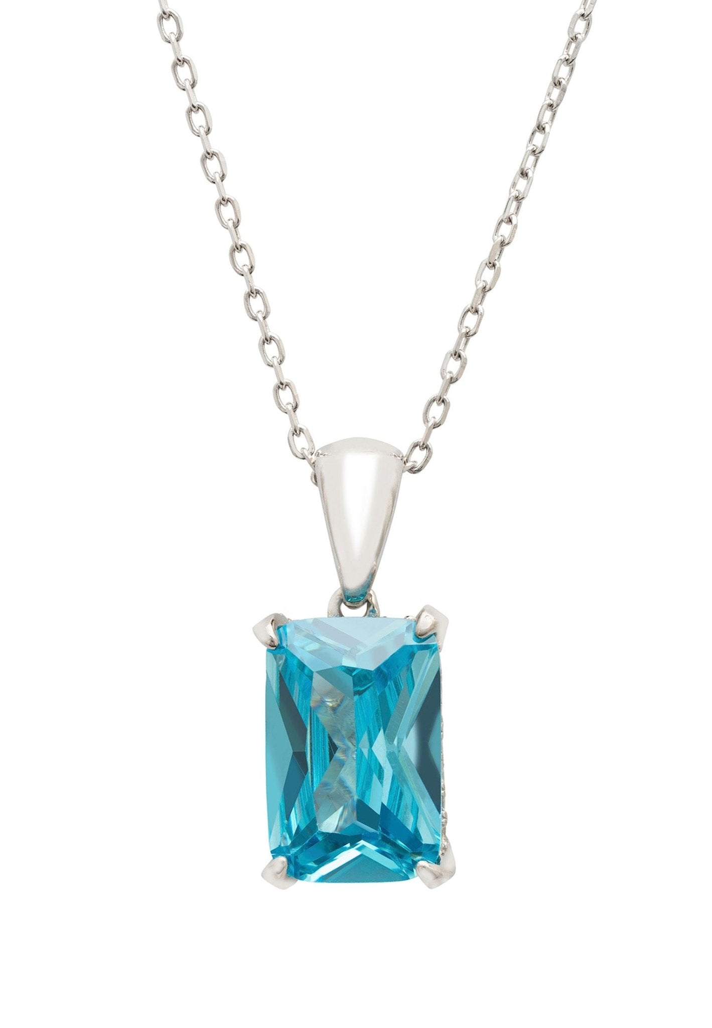 Alexandra Rectangle Gemstone Necklace featuring a rectangular Blue Topaz set in 925 sterling silver with simulated diamonds.