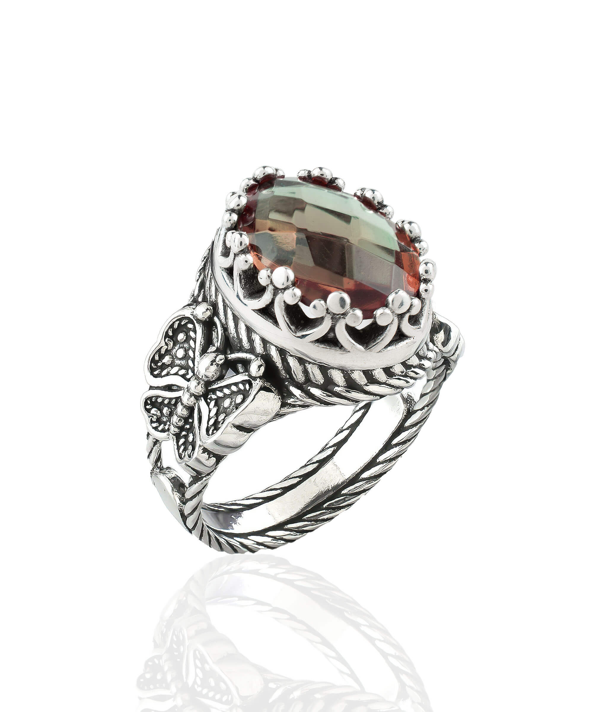 Alexandrite gemstone filigree art double butterfly ring crafted from 925 sterling silver, showcasing intricate detailing and a stunning color-changing gemstone.