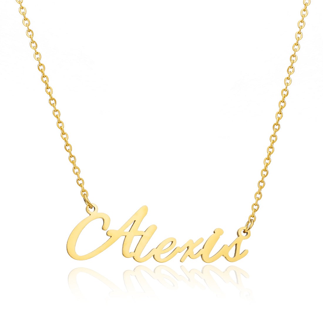 Alexis Name Necklace made of stainless steel with gold plating, featuring a personalized name design and adjustable chain.