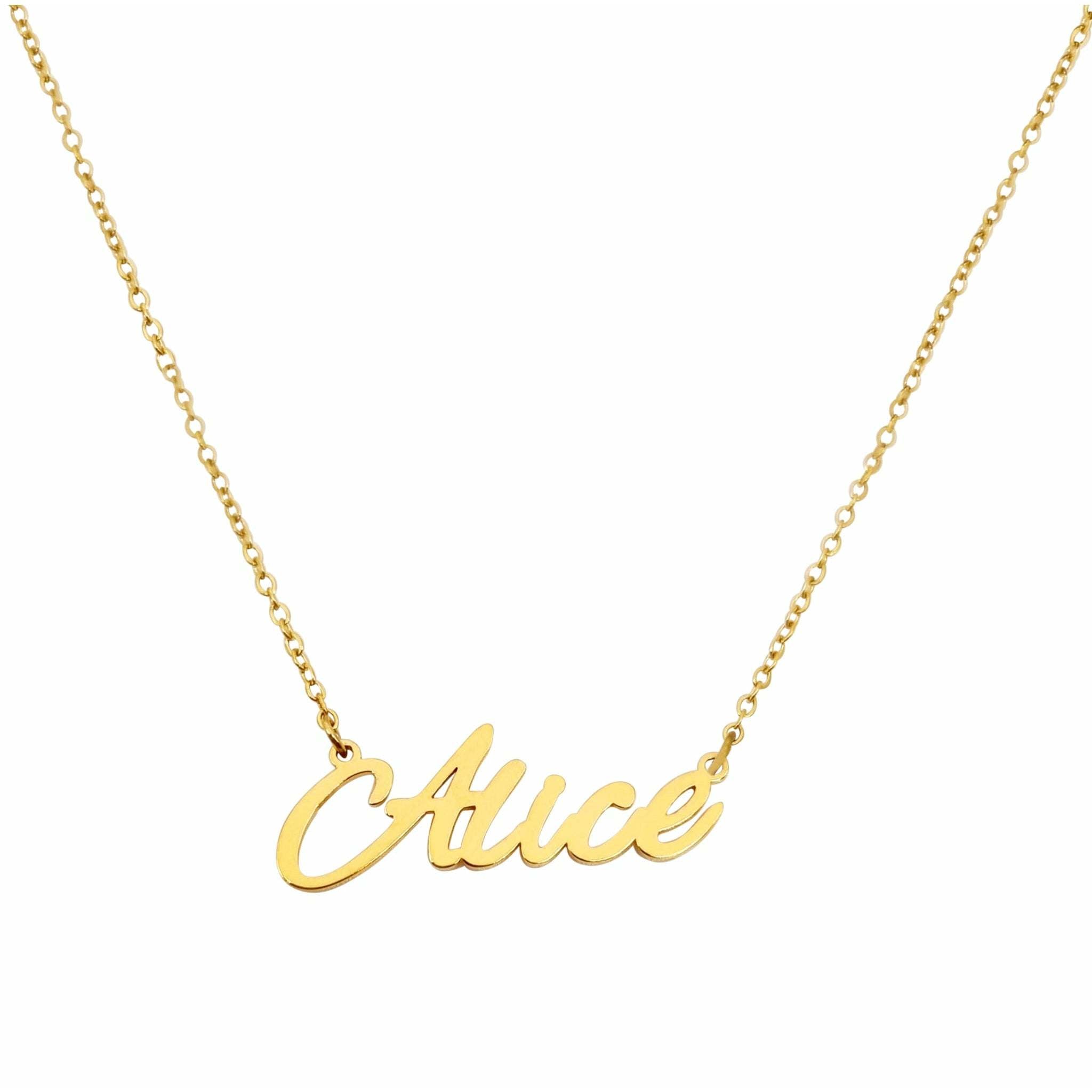 Alice Name Necklace made of stainless steel with a tarnish-free finish, featuring a personalized name design.