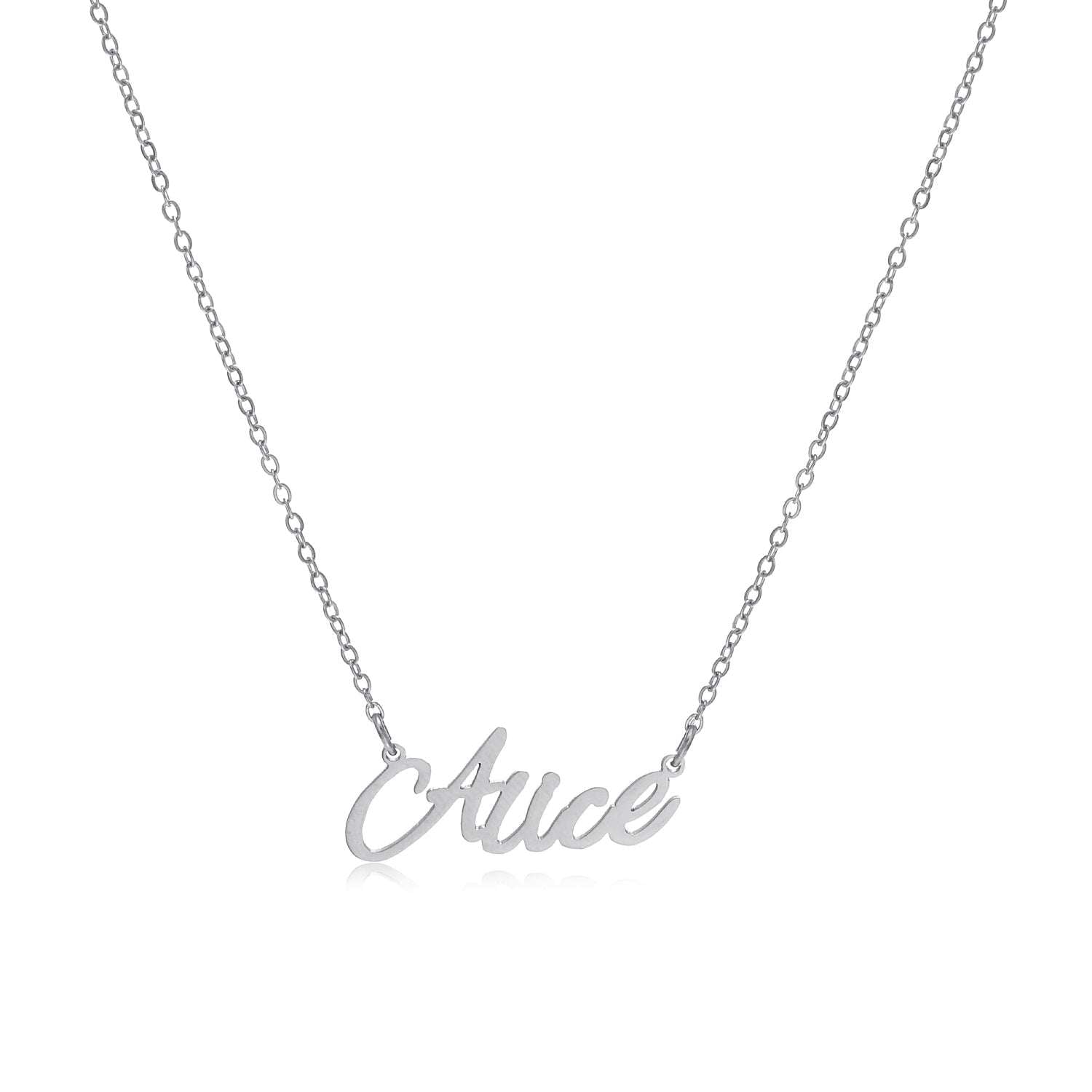 Alice Name Necklace made of stainless steel with a tarnish-free finish, featuring a personalized name design.