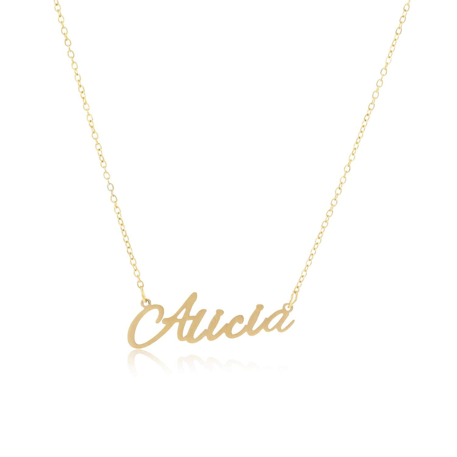 Alicia Name Necklace made of stainless steel with gold plating, featuring a personalized name design and adjustable chain.