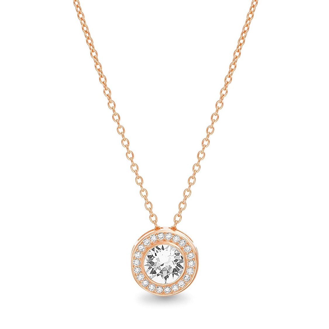 ALILY Round Halo Necklace featuring AAAAA crystals set in 18K gold plating, showcasing a round pendant and link chain.