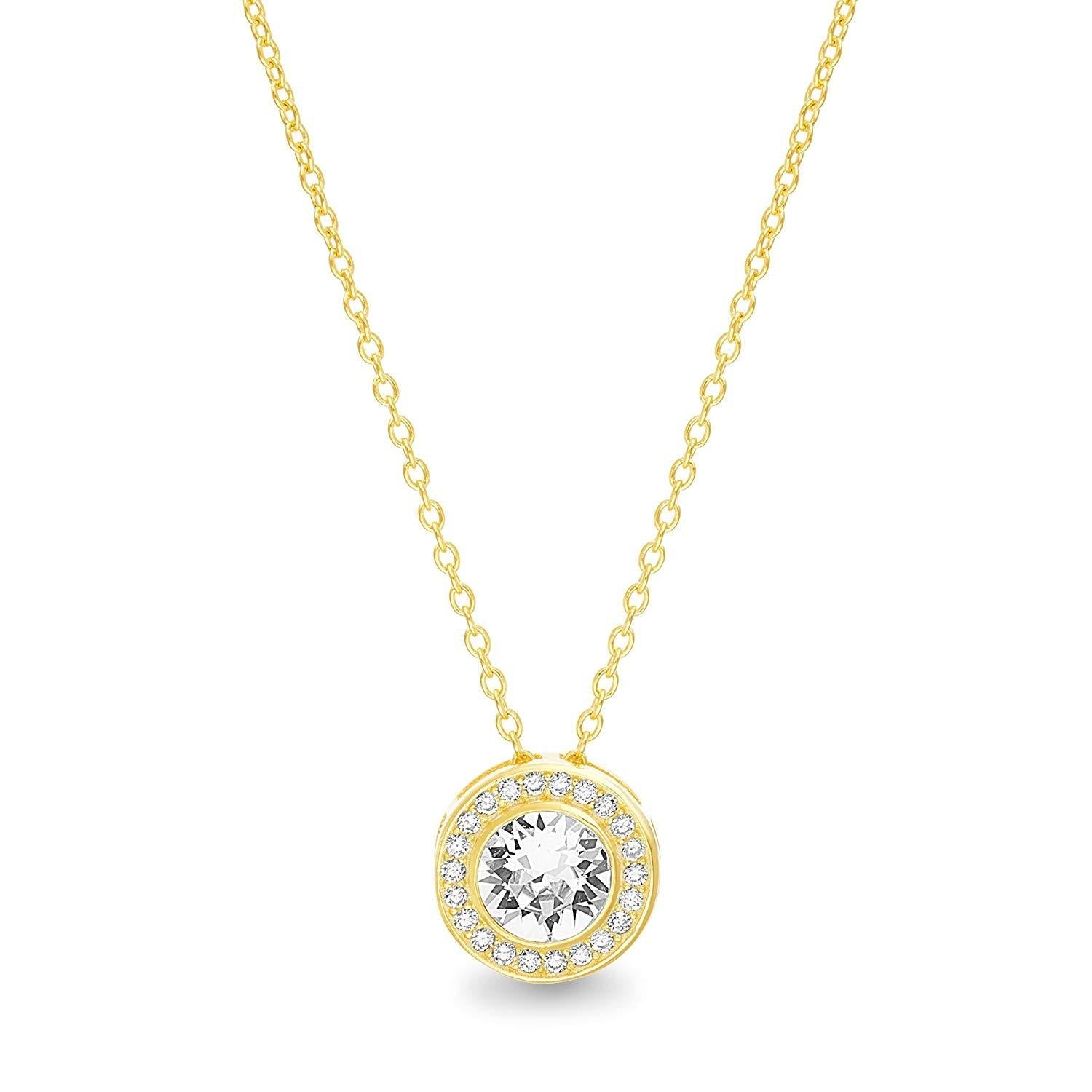 ALILY Round Halo Necklace featuring AAAAA crystals set in 18K gold plating, showcasing a round pendant and link chain.