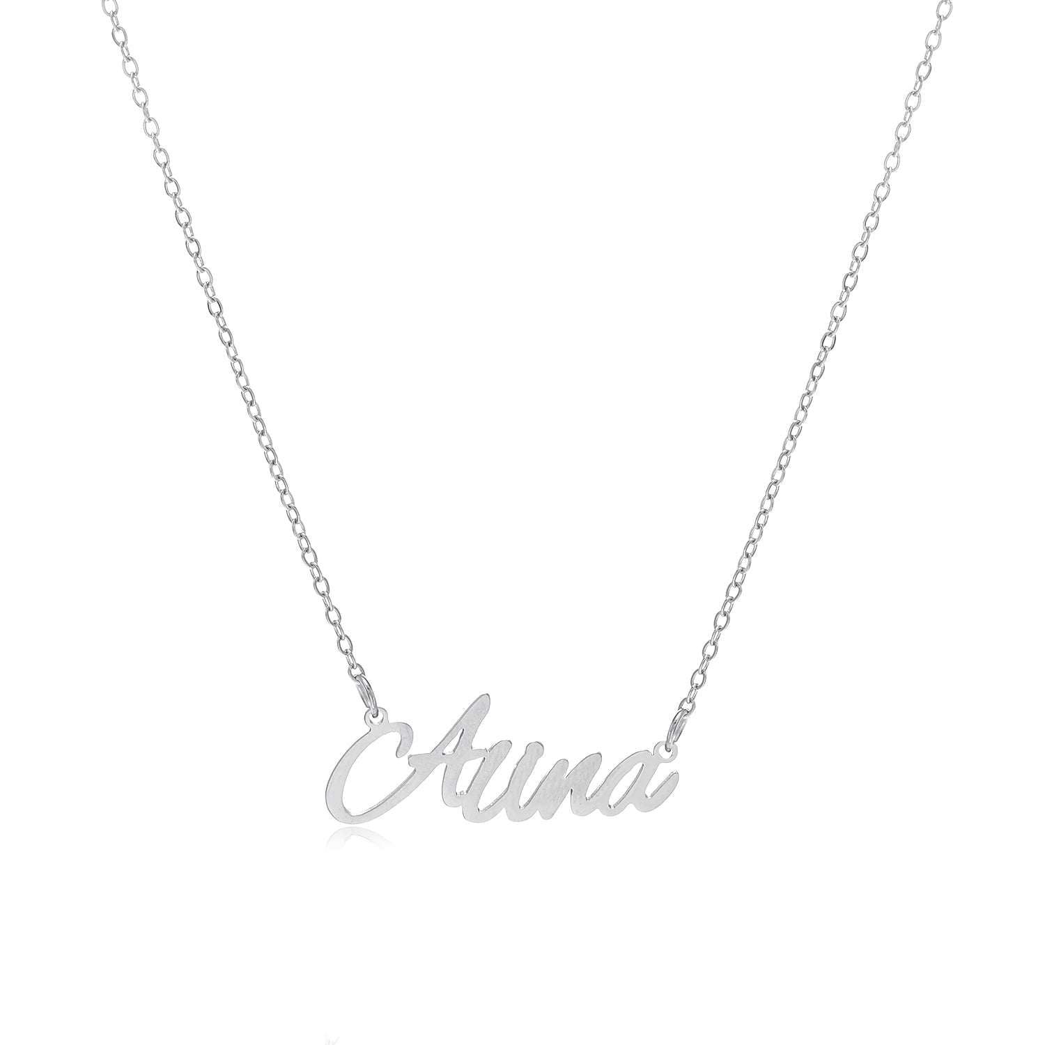 Alina Name Necklace made of tarnish-free stainless steel with adjustable chain.