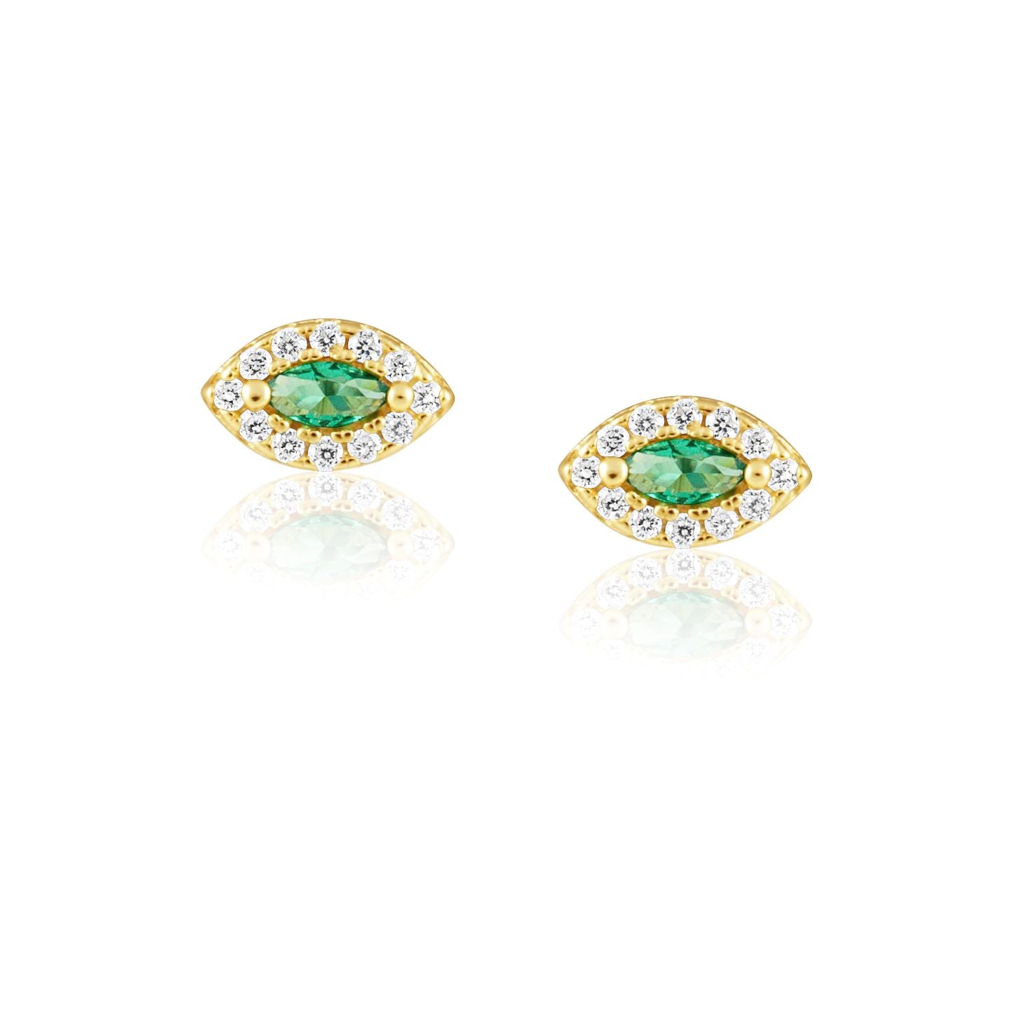 Alma Emerald Evil Eye Studs featuring a central emerald stone surrounded by CZ crystals, set in 14k plated stainless steel.