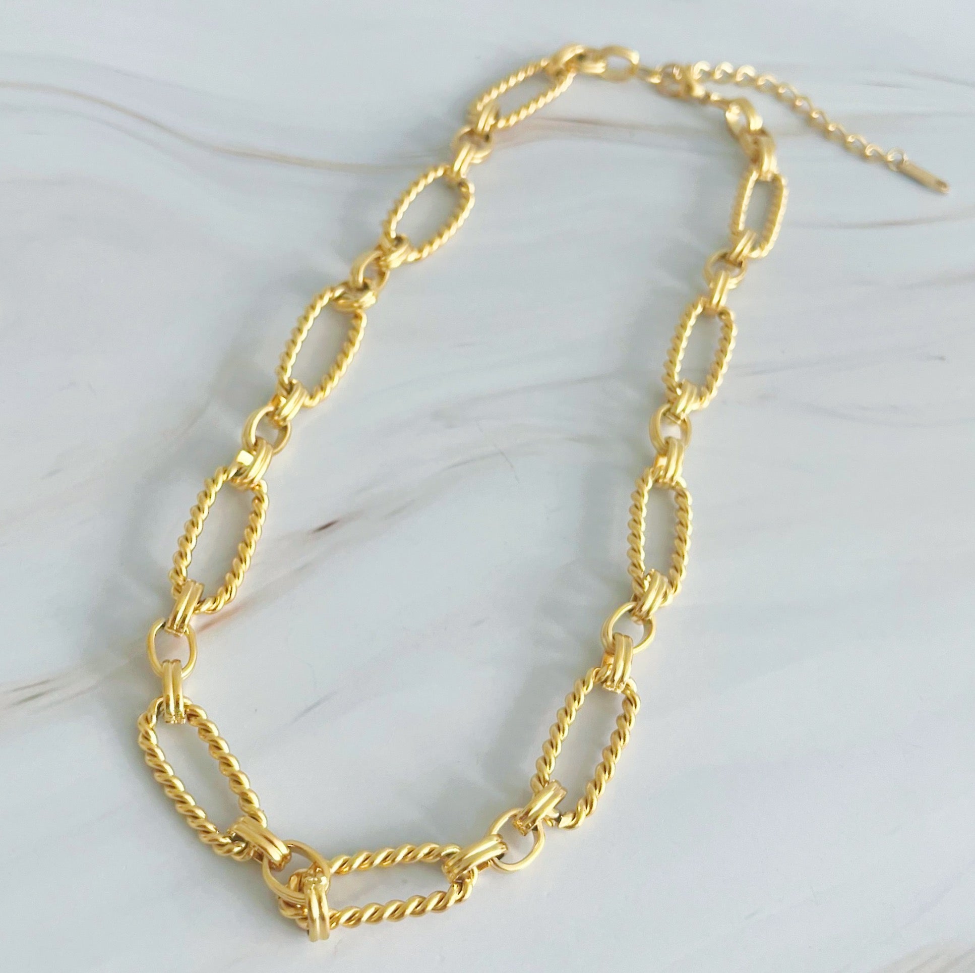 Alternatively Linked Cabled Necklace featuring a unique linked design in 18k gold plated stainless steel.