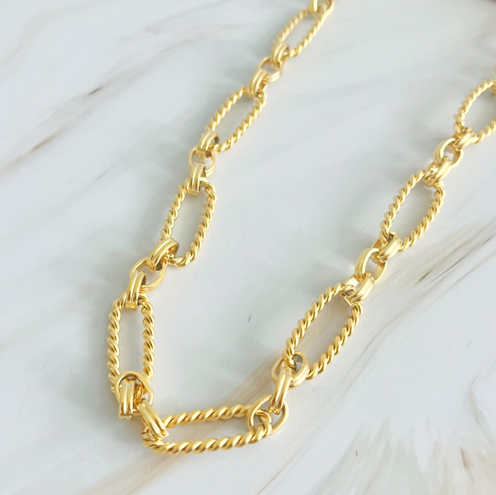 Alternatively Linked Cabled Necklace featuring a unique linked design in 18k gold plated stainless steel.